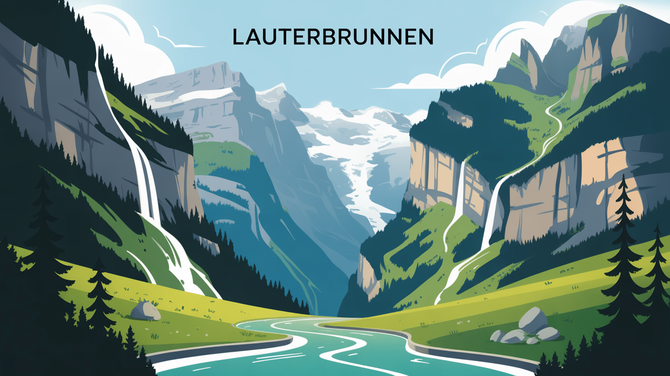 Vue stylisée vallée lauterbrunnen falaises cascades