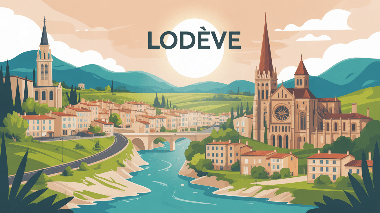 Vue stylisée de Lodève entre collines et cathédrale