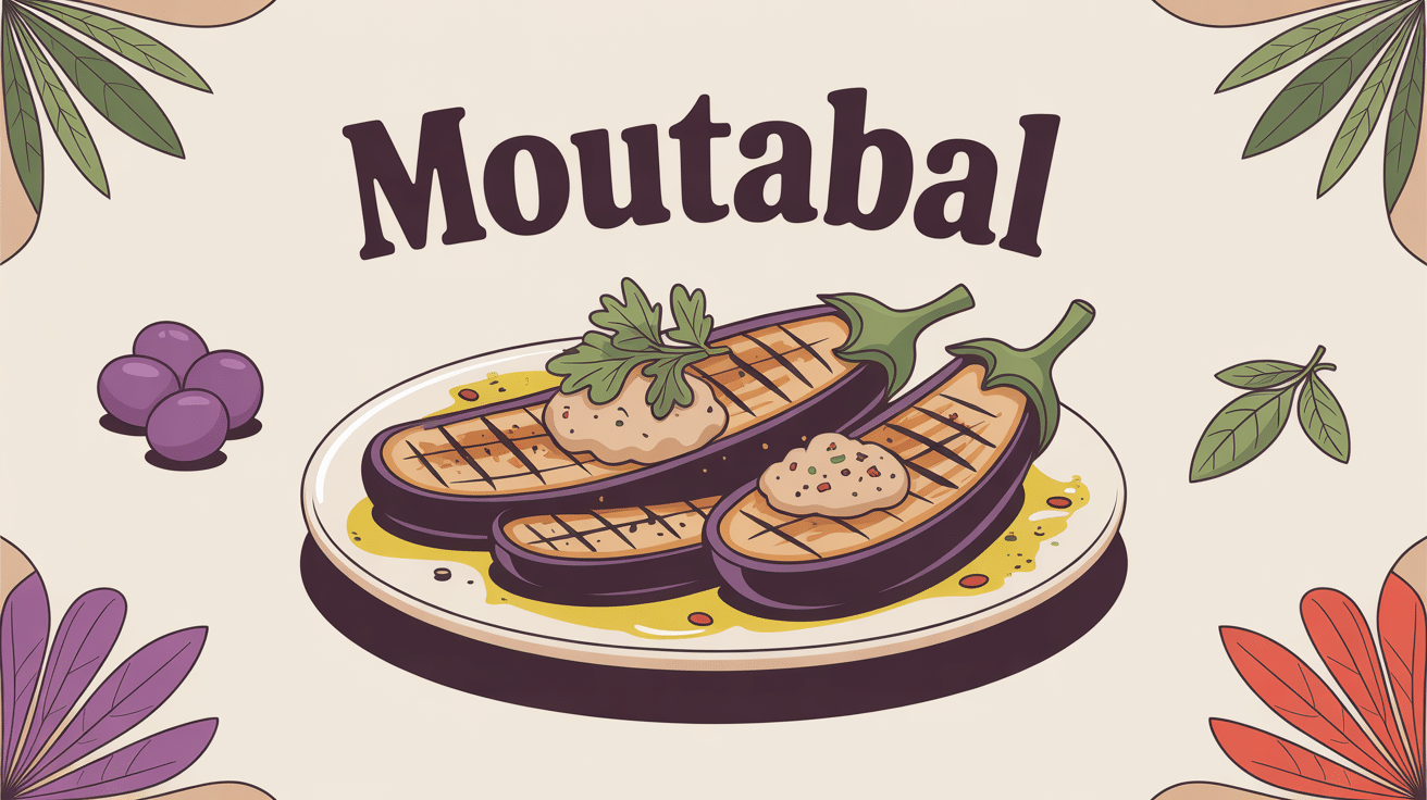 Assiette de moutabal authentique décorée, motifs levantins, mezze