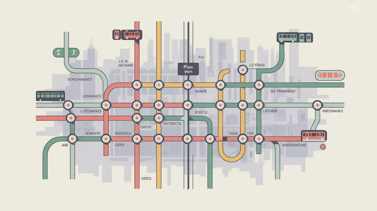 plan metro lyon illustration colorée lignes réseau