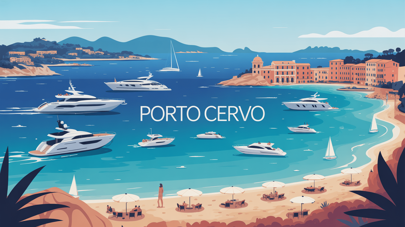 Vue stylisée de Porto Cervo yachts luxe et plages