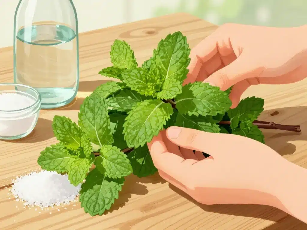 Ingrédients frais pour sirop de menthe maison sur table