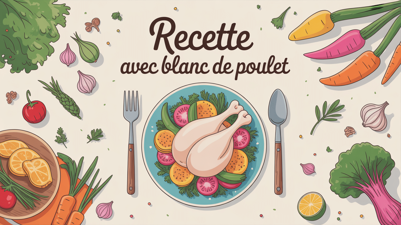 Illustration recette avec blanc de poulet, légumes et épices