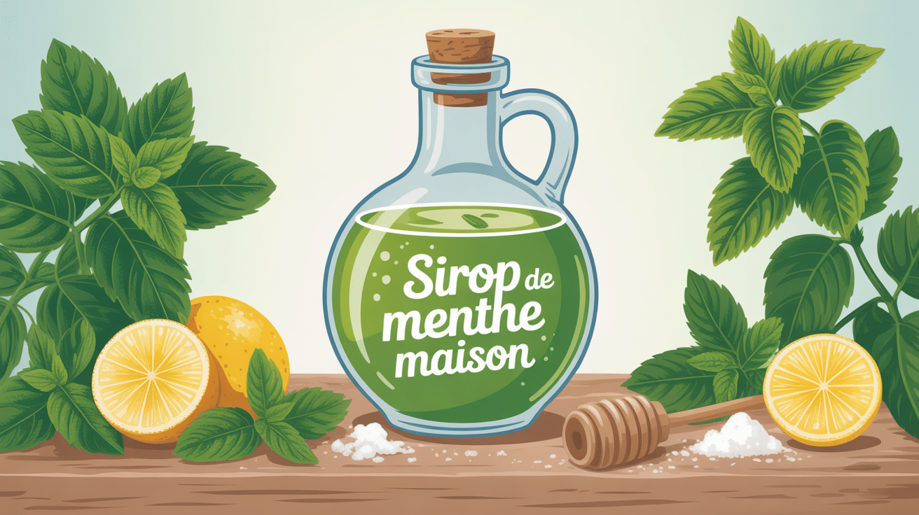 Bouteille de sirop de menthe maison avec feuilles fraîches