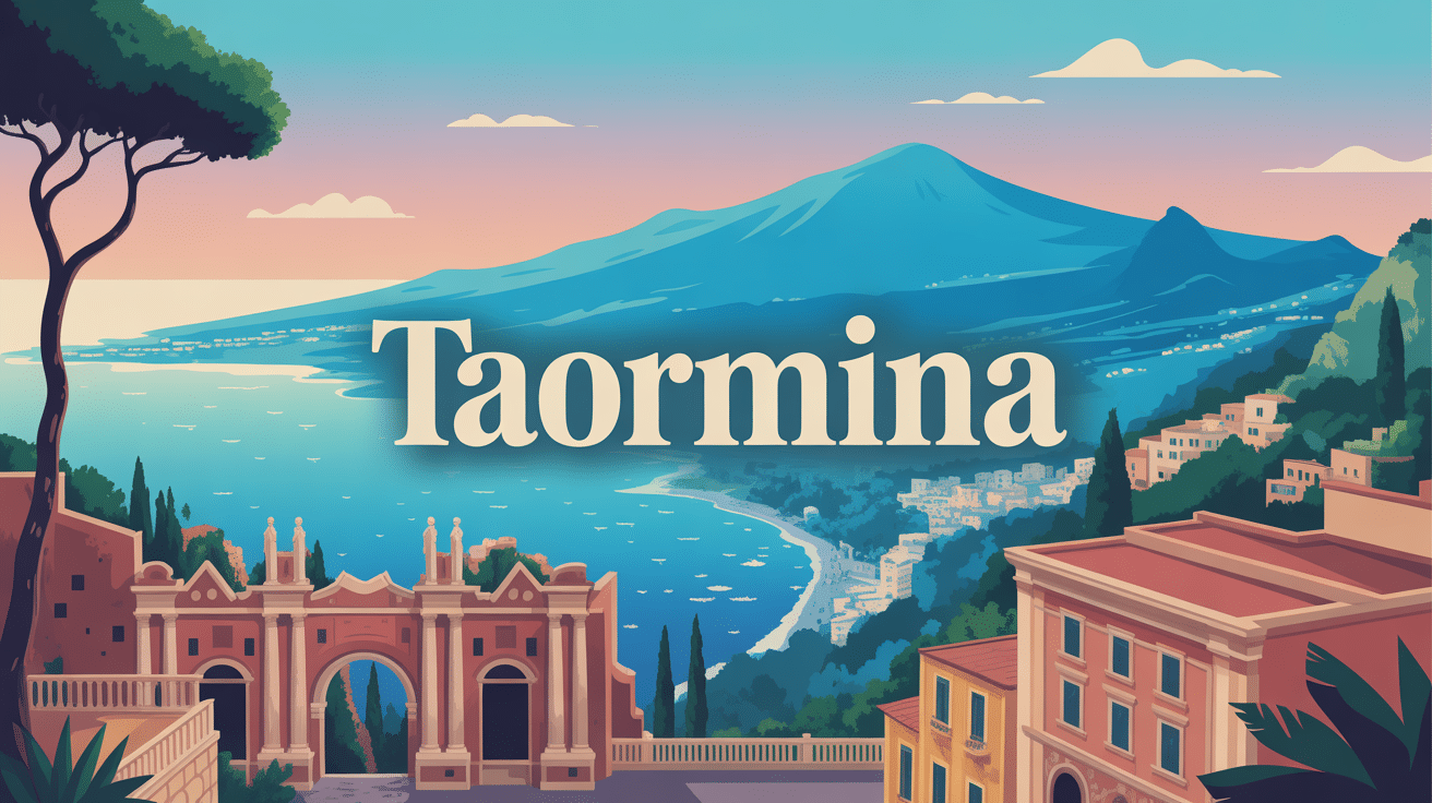 Vue stylisée Taormina falaise mer Etna et théâtre antique