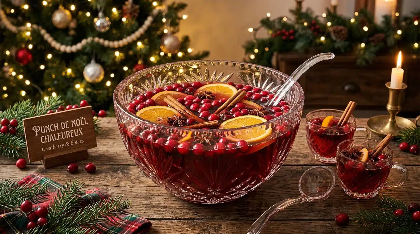Punch de Noël festif dans un saladier en cristal avec épices et fruits