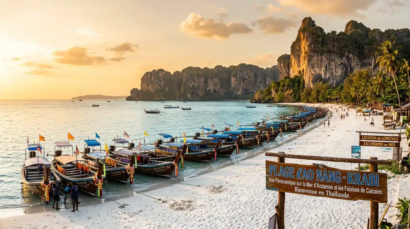 Vue panoramique de la plage d'Ao Nang avec ses bateaux traditionnels et ses falaises calcaires emblématiques.