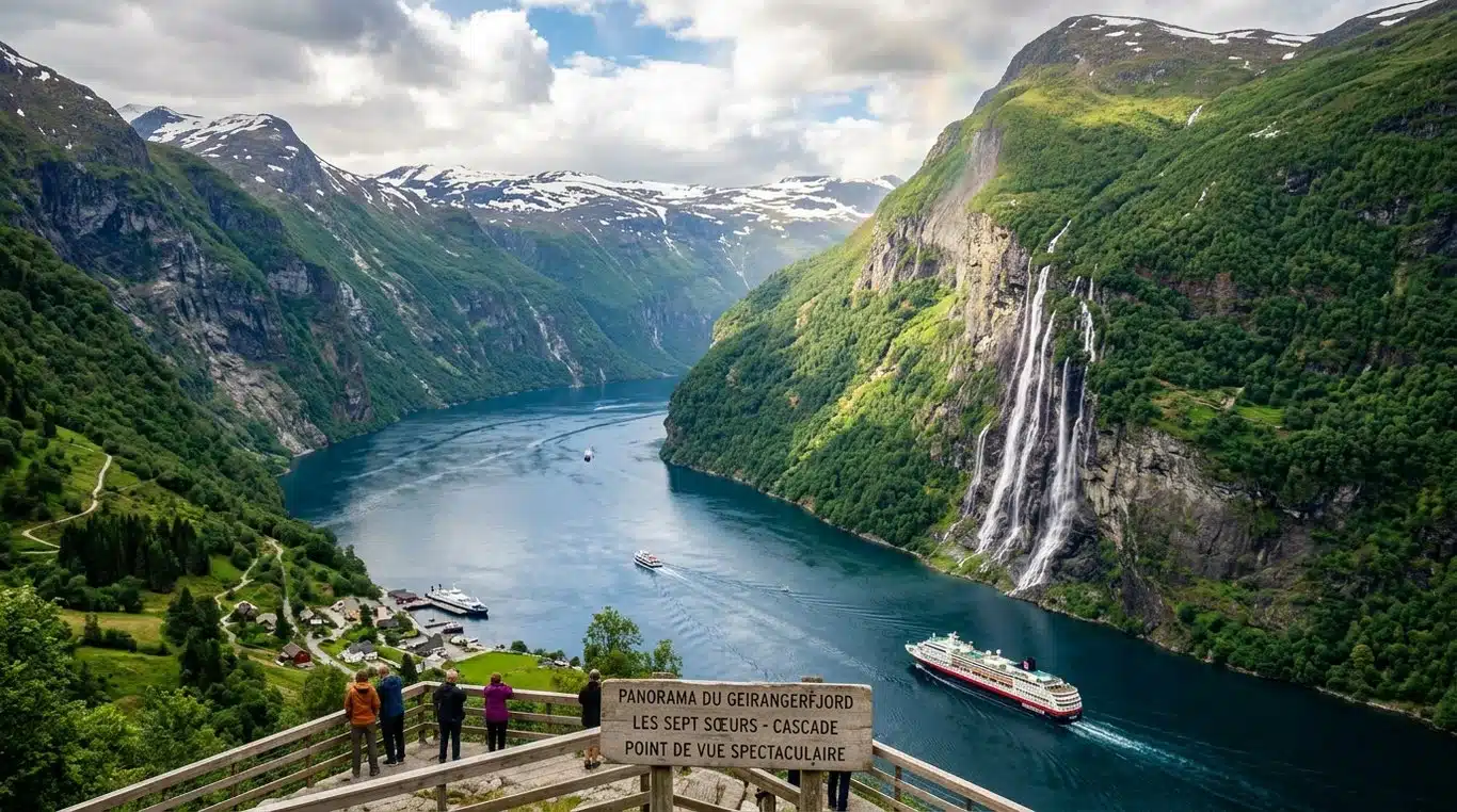 Vue panoramique spectaculaire du Geirangerfjord et des cascades des Sept Sœurs en Norvège.