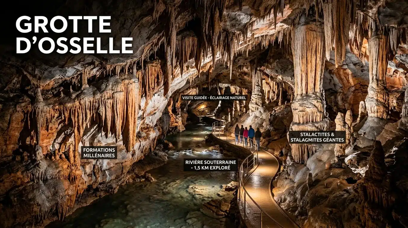 Vue intérieure spectaculaire de la grotte d'Osselle avec ses concrétions calcaires et sa rivière souterraine.