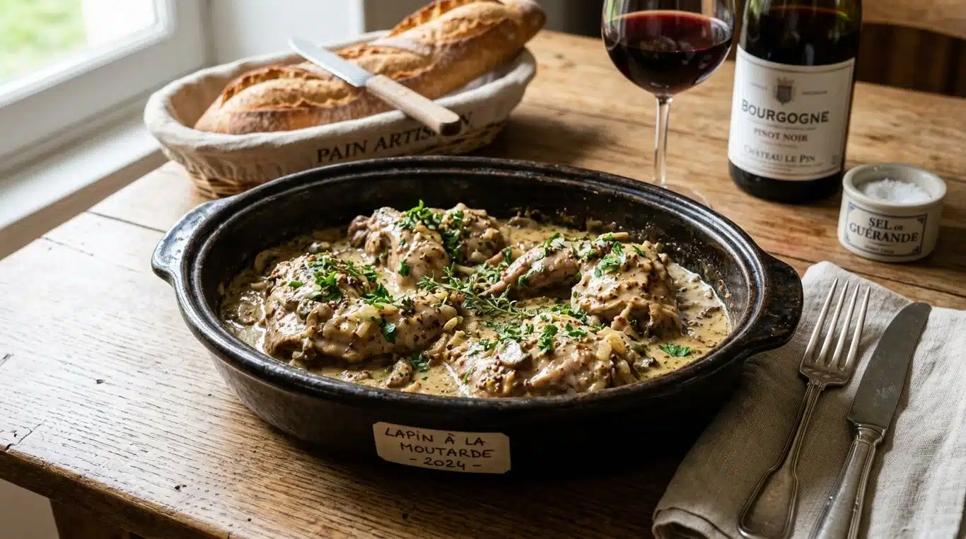 Lapin à la moutarde au four dans un plat en céramique.