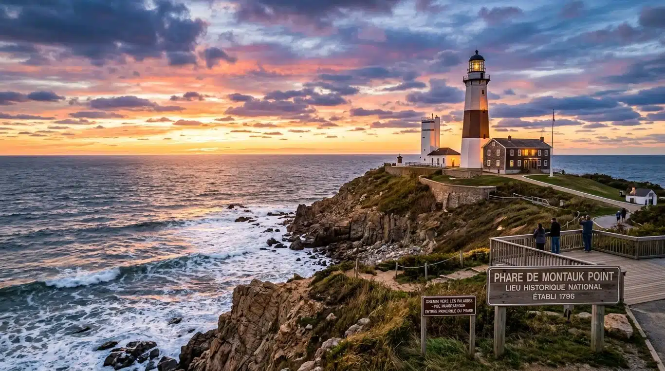 Le phare de Montauk Point au coucher du soleil surplombant l'océan Atlantique