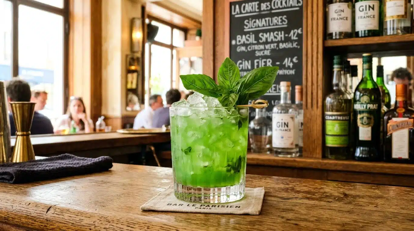 Un cocktail Basil Smash frais et vibrant dans un verre bas, garni d'une branche de basilic frais.