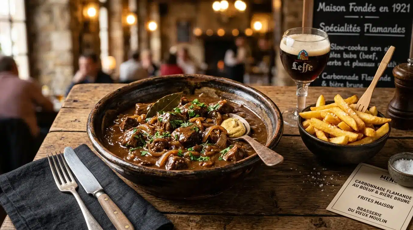 Plat de Carbonnade Flamande traditionnelle avec frites