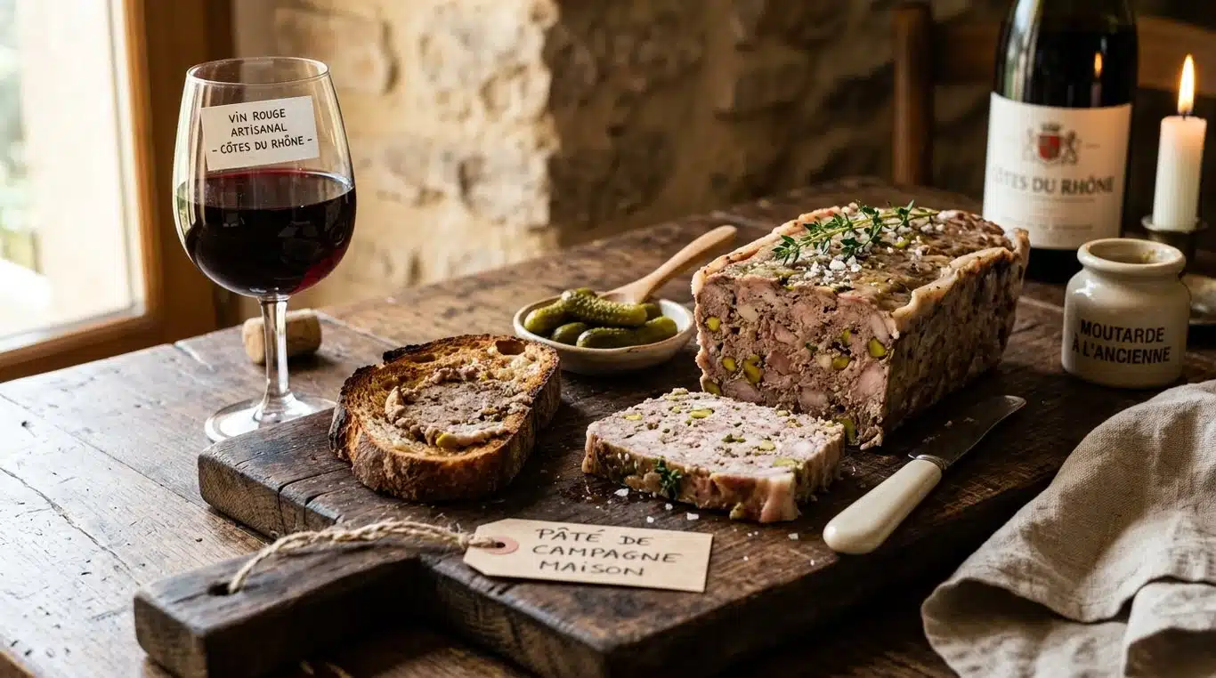 Pâté de campagne maison rustique servi sur une planche en bois