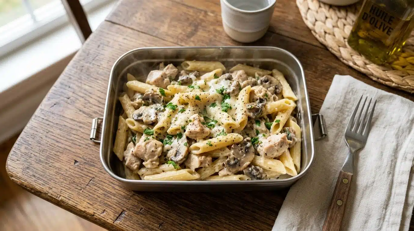 Penne crémeuses au poulet et champignons dans une lunch box chauffante