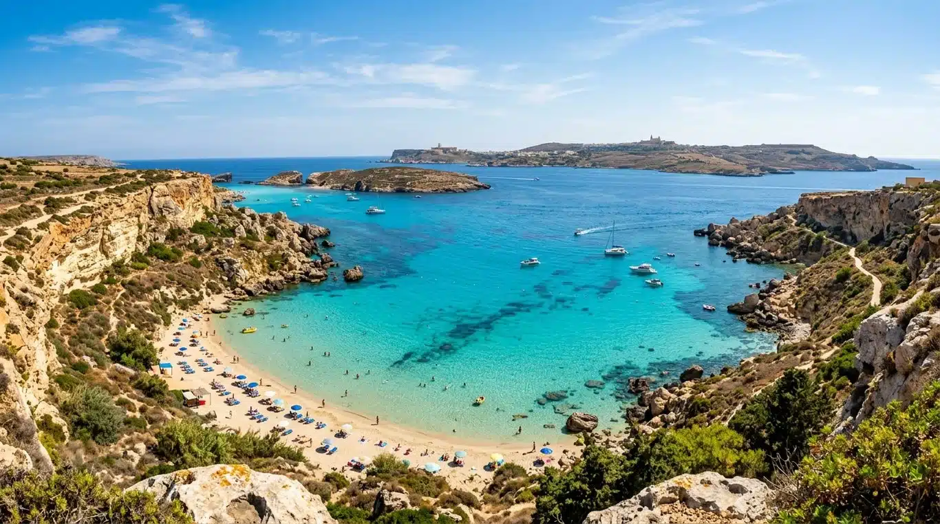 Vue panoramique de la plage de Paradise Bay à Malte avec ses eaux turquoise et ses falaises calcaires