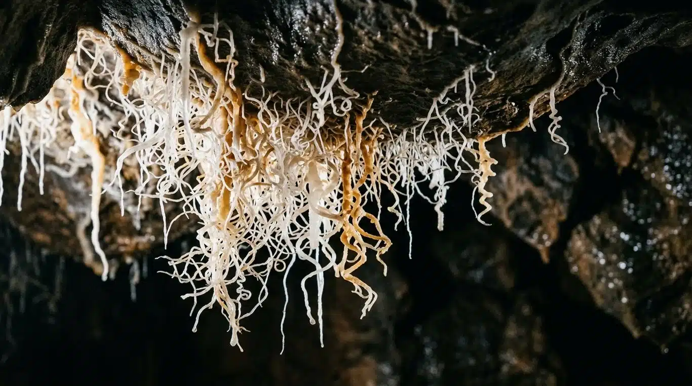 Concrétions excentriques rares et délicates dans la grotte de Maxange