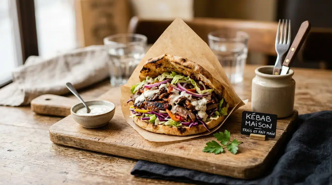 Kebab maison préparé selon la recette lyonnaise avec viande marinée et crudités fraîches
