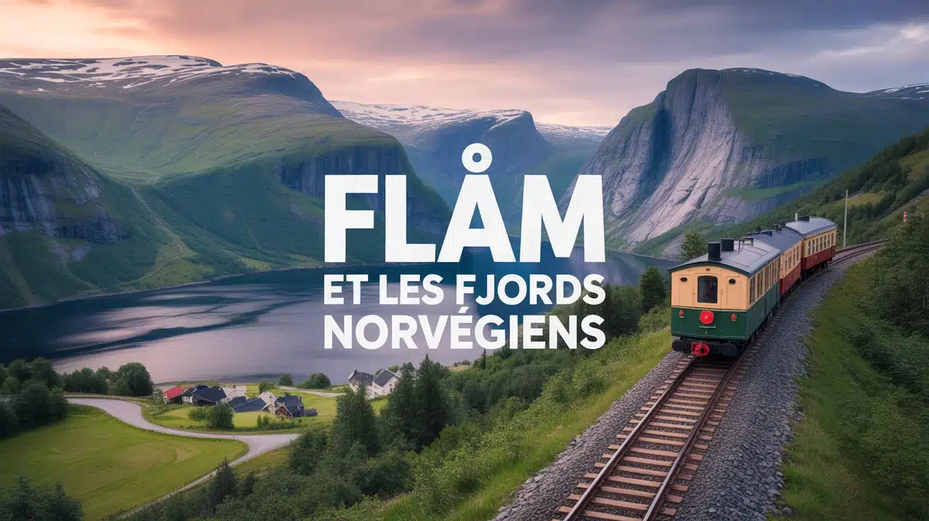 Illustration vectorielle de Flåm et les fjords norvégiens avec montagnes et train