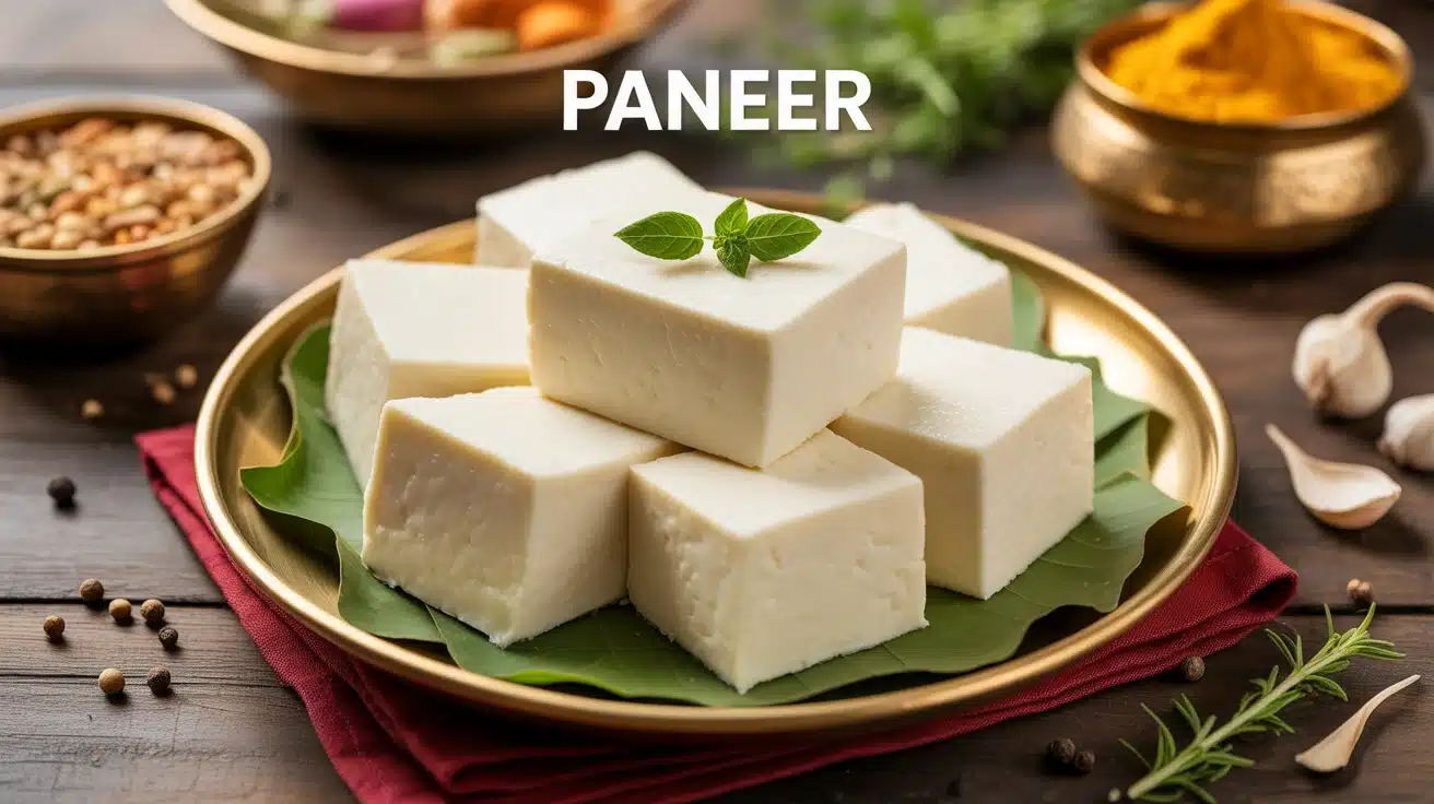 cubes de paneer ferme sur assiette traditionnelle indienne