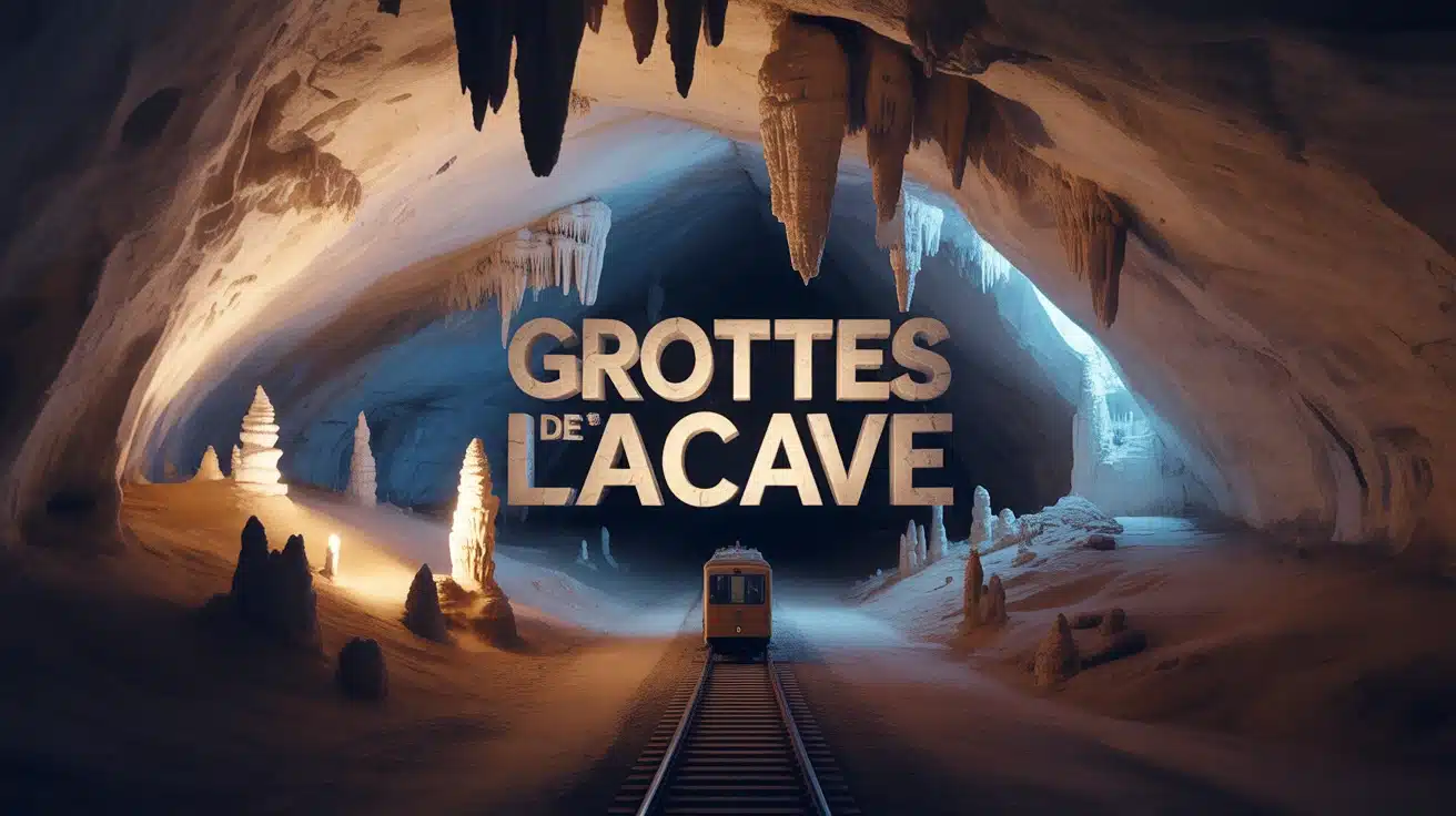 Entrée des Grottes de Lacave avec train électrique et stalactites lumineuses