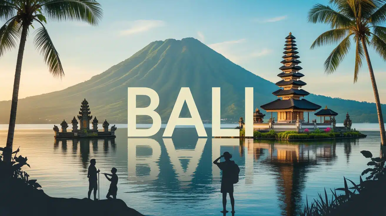 Illustration vectorielle de Bali avec temples, rizières et volcans