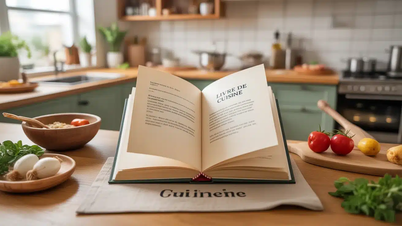 Livre de cuisine ouvert avec ingrédients frais et ustensiles