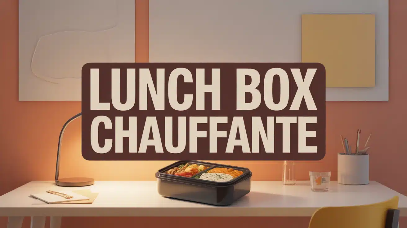 Lunch box chauffante ouverte avec repas chaud sur bureau