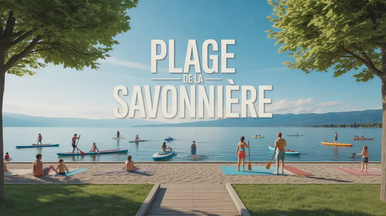 plage de la Savonnière avec familles et paddle sur le lac Léman