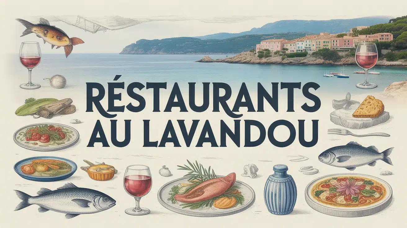 Illustration stylisée restaurants au Lavandou paysage marin et collines