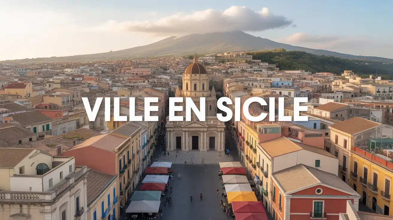 illustration ville en Sicile avec cathédrale ruelles et volcan Etna