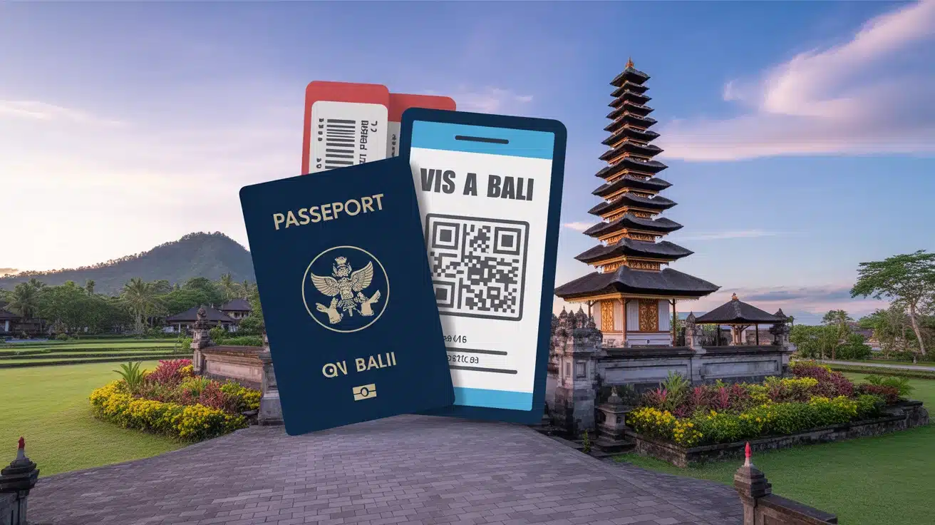 Illustration moderne Visa Bali arrivée avec passeport et QR code