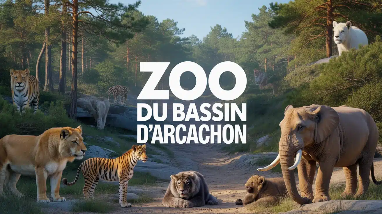 Illustration Zoo du Bassin d Arcachon avec lions blancs tigres blancs panthères girafes éléphants