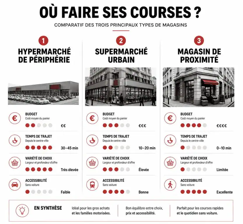 Comparatif des formats de grandes surfaces à Lyon : hypermarchés, supermarchés et magasins de proximité
