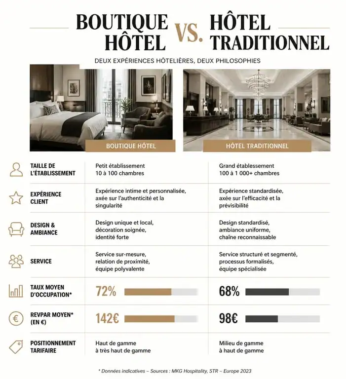 Infographie comparative entre boutique hôtel et hôtel traditionnel pour comprendre les différences clés