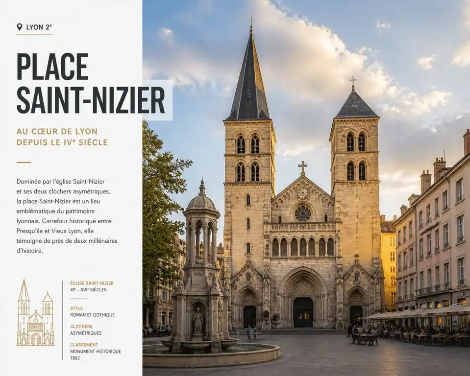 Vue architecturale de la place Saint-Nizier à Lyon et son église historique