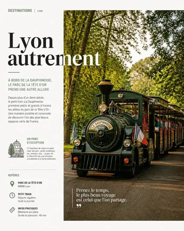 Le petit train touristique La Dauphinoise dans le parc de la Tête d'Or à Lyon