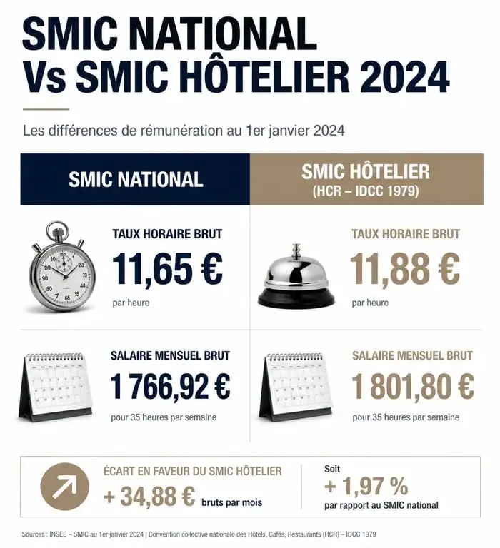Comparatif SMIC national et SMIC hôtelier 2024