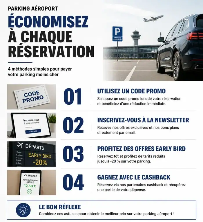 Infographie récapitulative des méthodes pour obtenir un code promo Parkos et économiser sur son parking d'aéroport