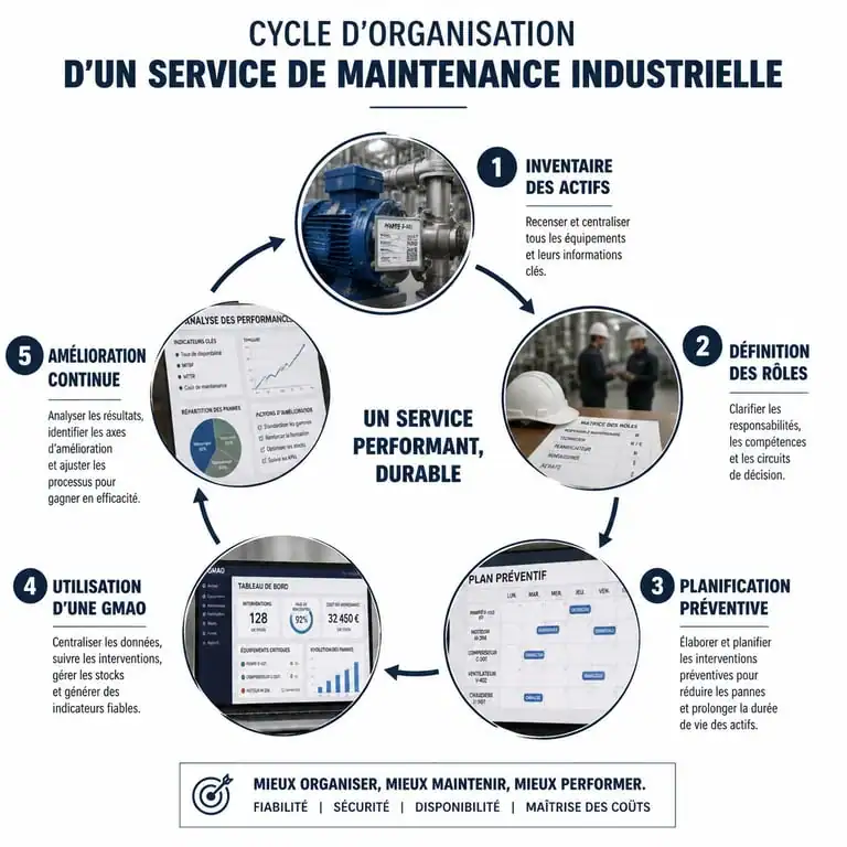 Schéma du cycle d'organisation d'un service de maintenance industrielle efficace