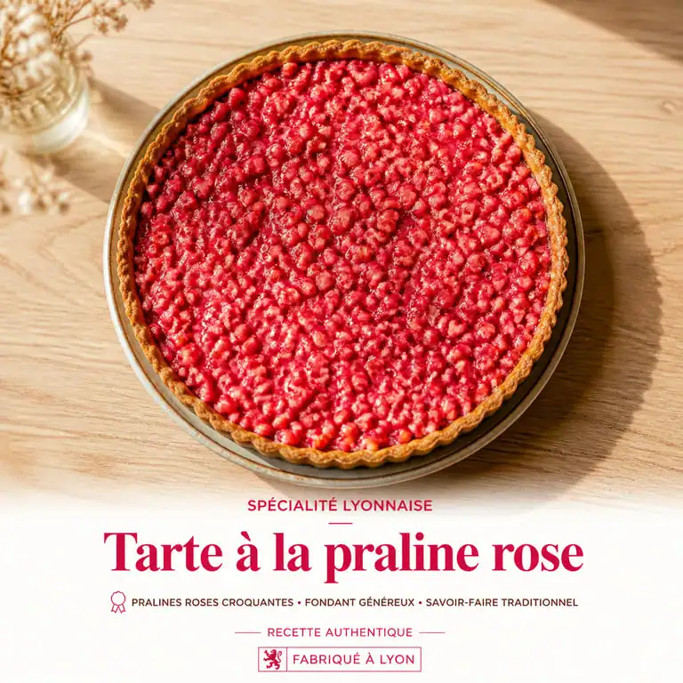 Tarte à la praline rose lyonnaise traditionnelle sur une table en bois