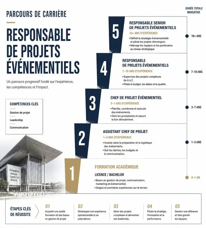 Infographie du parcours de carrière d'un chef de projet événementiel, du bachelor au poste de directeur de production.