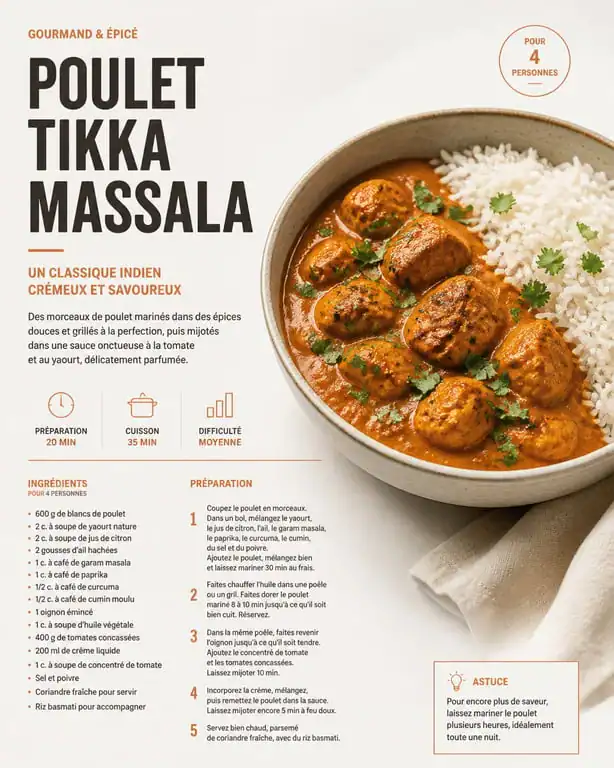 Poulet tikka massala maison, plat emblématique de la cuisine indienne à Villeurbanne