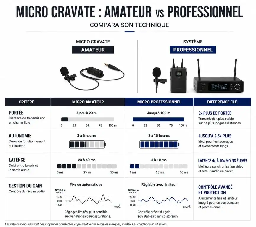 Comparatif technique des caractéristiques d'un micro cravate sans fil professionnel par rapport à un modèle amateur
