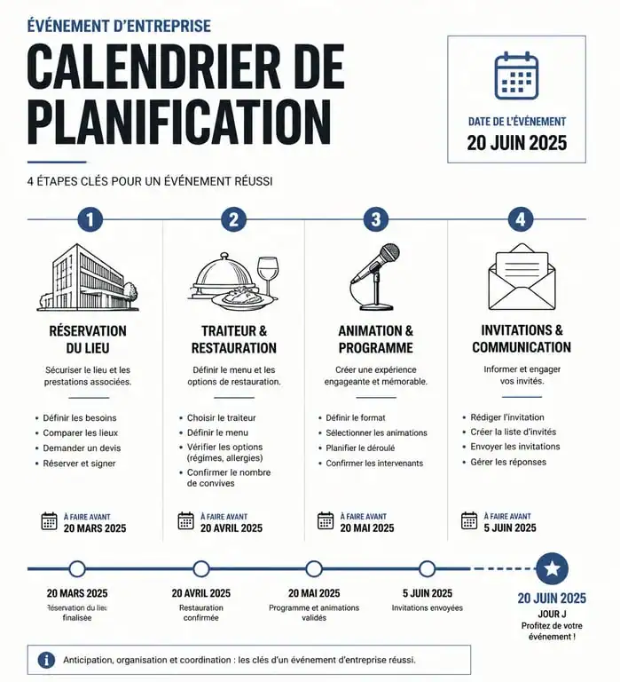 Infographie du calendrier de planification pour une sortie de fin d'année en entreprise