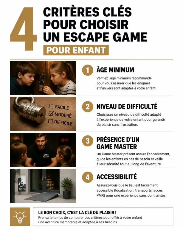 Infographie des critères pour choisir un escape game enfant à Lyon