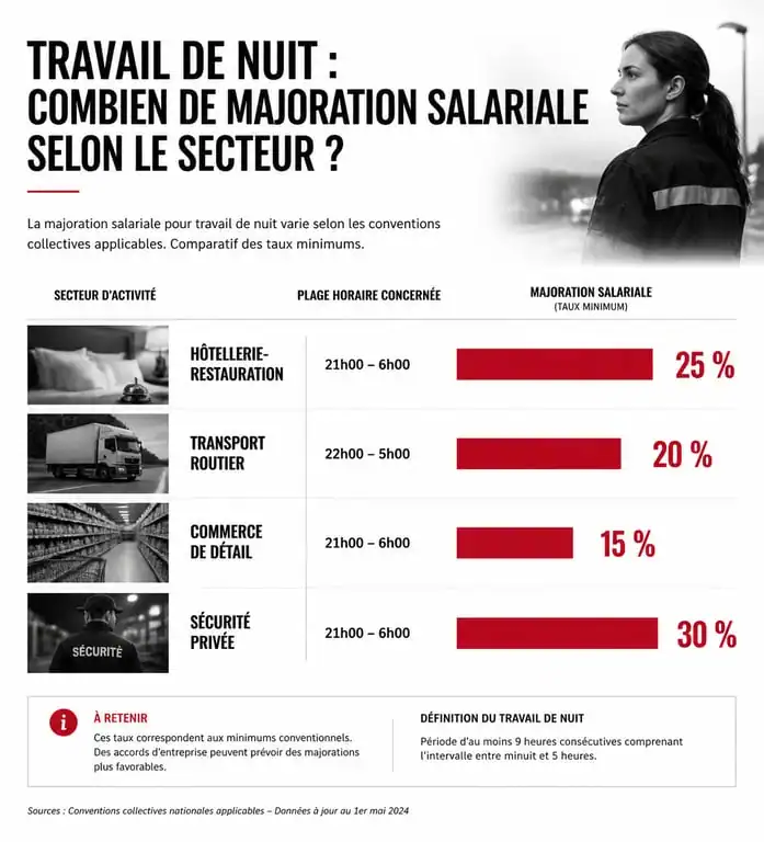 Comparatif des majorations du SMIC horaire de nuit par secteur d'activité en France