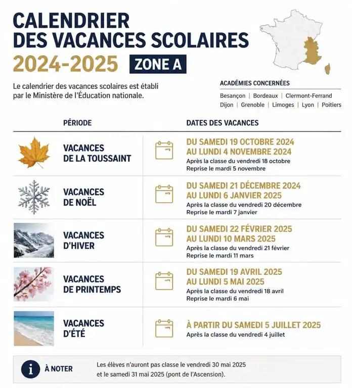 Calendrier des vacances scolaires 2024-2025 pour la zone A incluant Lyon