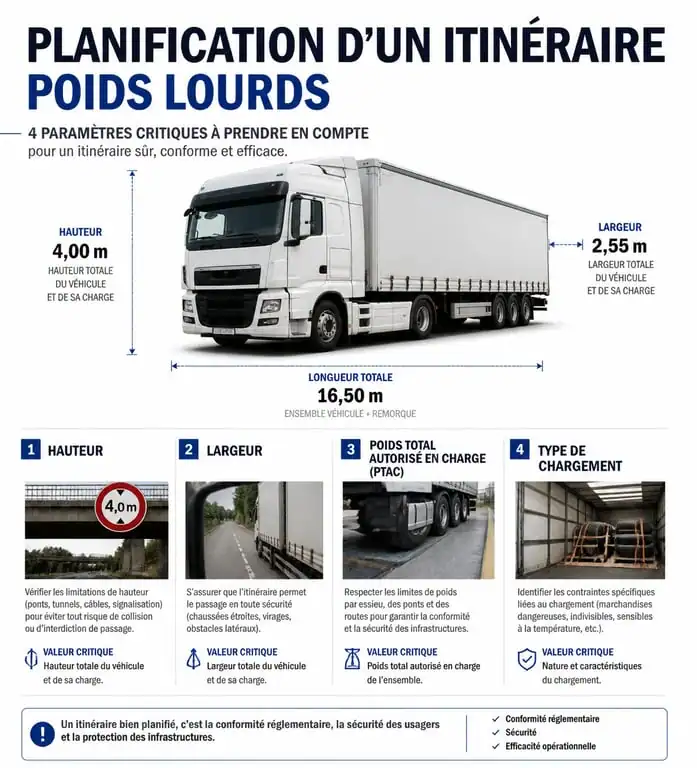 Infographie des paramètres de sécurité pour itinéraire Michelin poids lourds