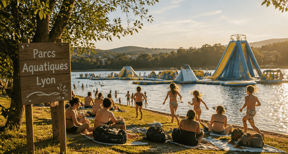 Parc aquatique Lyon avec structures gonflables sur lac